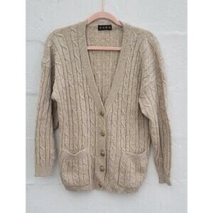 Vintage Cardigan Sweater Womens Large Gold Cable Knit V Neck Gold Button Pockets